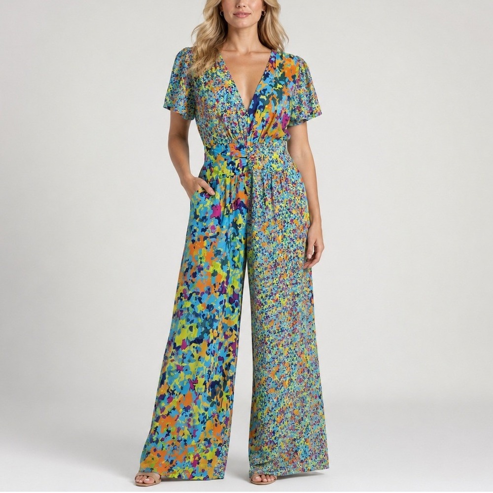 Plenty by Tracy Reese Cinched Puff Sleeve Jumpsuit M Blue Floral Mixed Print